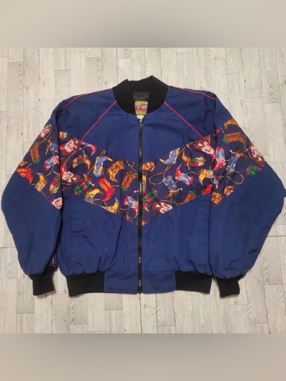 Vintage Men's Bee Wild Western Blue Graphic Rodeo Cowboy Bomber Jacket Size L